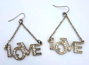 Vintage Strass Liebe Wort Ohrringe Hänger Tropfen hängend Metall Ketten Haken - Bild 1 von 3