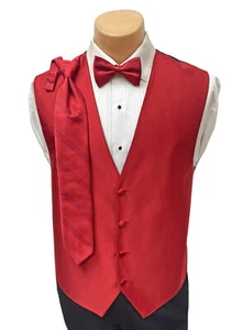 Men's Ruby Red Tuxedo Vest with Matching Bow Tie & Long Tie Adjustable Large L - Picture 1 of 4