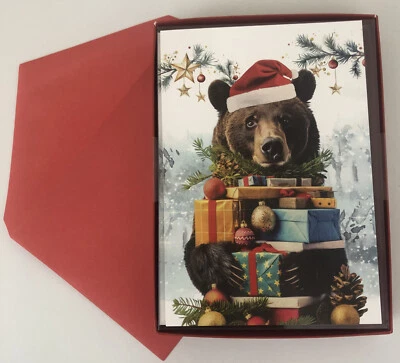 10 CHRISTMAS Leanin Tree Cards Box Set, GRIZZLY, BROWN BEAR HOLING PRESENTS - Image 1 of 2