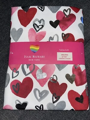 Valentine's Hearts Tablecloth Red Silver Foil White 60" x 84" Oblong Mizrahi NEW - Image 1 of 4