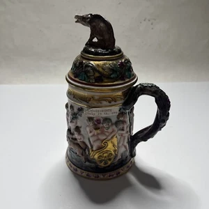 Capodimonte Embossed Bacchanal Lidded Stein Boar Finial Signed - Picture 1 of 6