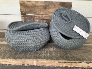woven rope storage basket with lid  round dark grey 