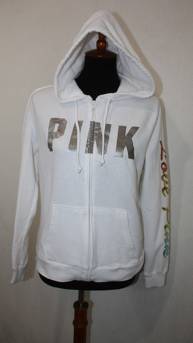 UNDERCOVER Felpa con cappuccio bianca Victoria's Secret Love rosa taglia M con cappuccio e cerniera intera manica paillettes