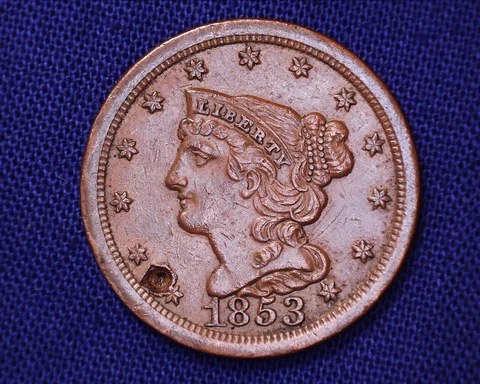 Nice 1853  Braided Hair Half Cent 129,694 Mintage Attempted Hole  #S166 Cover