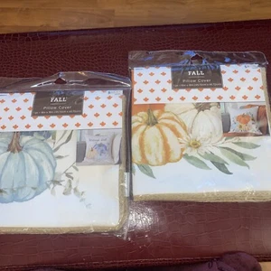 Fall Pillow Covers 2 Piece 18 In By 18 In Pumpkins Orange And In Light Blue New - Picture 1 of 9