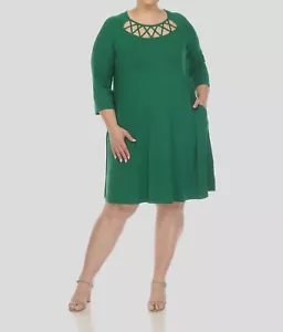 White Mark Women's Green Crisscross Round Neck 3/4 Sleeve Dress Plus Size 3XL - Picture 1 of 4