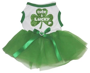 St Patrick's Day Cute & Lucky Clover White Top Green Tutu Pet Dog Puppy Dress - Picture 1 of 1