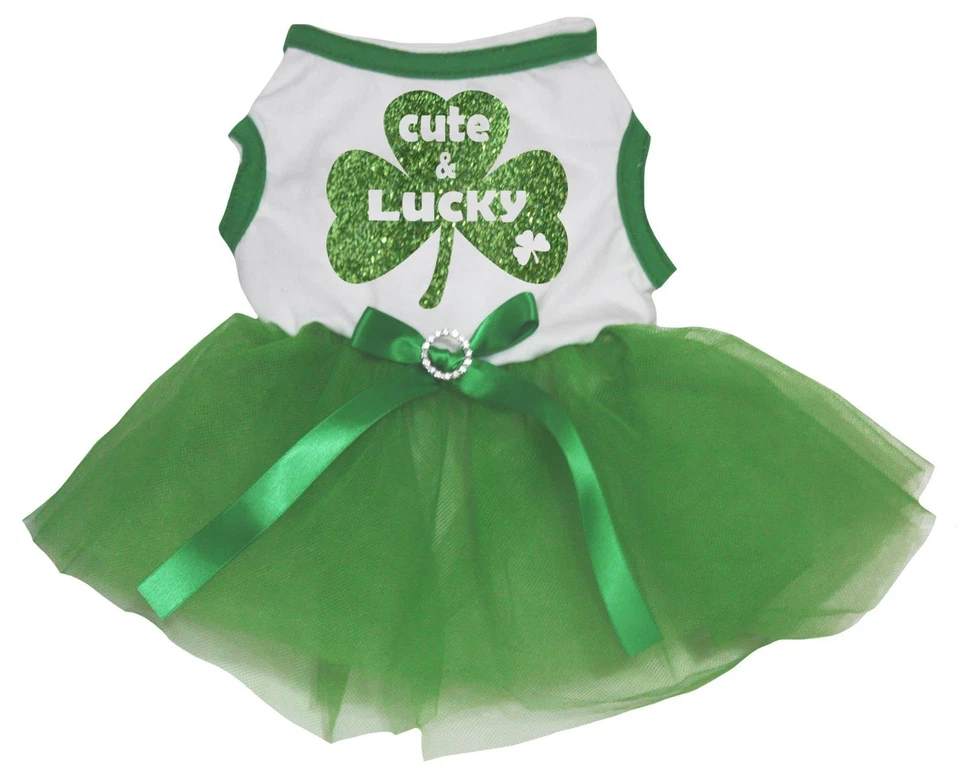 St Patrick's Day Cute & Lucky Clover White Top Green Tutu Pet Dog Puppy Dress - Image 1 of 1