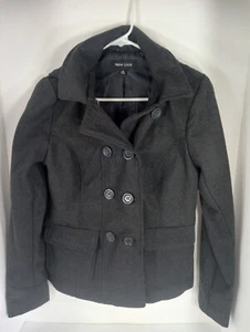 Women's NEW LOOK Charcoal Grey hooded wool blend pea coat - Size Medium - Picture 1 of 7