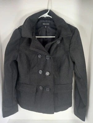  Women's NEW LOOK Charcoal Grey hooded wool blend pea coat - Size Medium  - Image 1 of 4