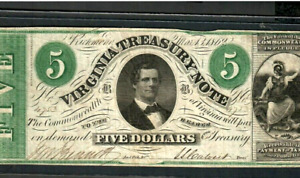 $5 "VIRGINIA TEASURY NOTE" 1800'S (BEAUTIFUL) $5"VIRGINIA TREASURY" GREEN PRINT!