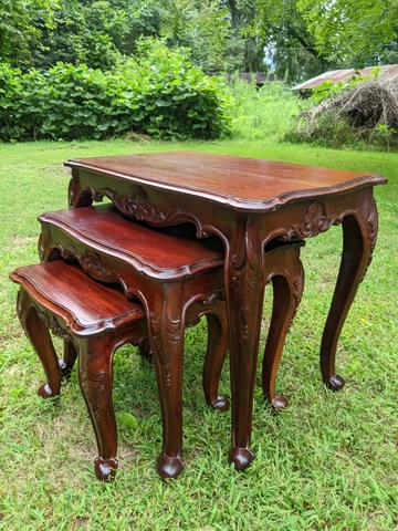 3 Nesting Tables: Queen Anne Solid Cherry Wood Cabriolet Legs Carved Floral Swag Cover