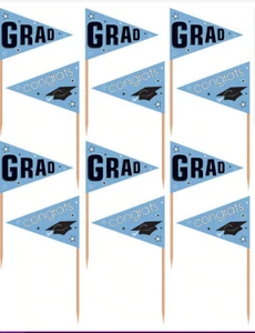 GRADUATION Party CUPCAKE FLAG PICKS Congrats Grad 12pc Light Blue School Colors - Picture 1 of 1