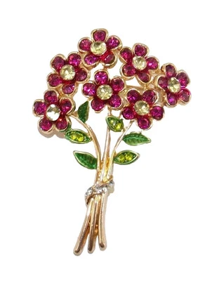 Broche prendedor flor cristal púrpura sobre tallo dorado y hojas verdes, prendedor moda nuevo Foto 1 de 4