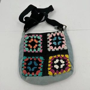 Häkel Granny Square Denim Patchwork Schultertasche Handtasche Applikation Cottagecore - Bild 1 von 7