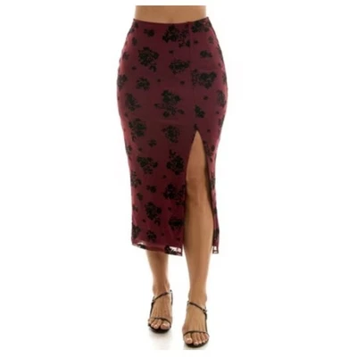 Falda de malla borgoña vintage Y2K Derek Heart para mujer flocada flores negras pequeña Foto 1 de 4