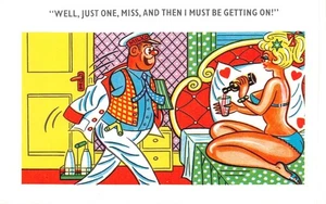 POSTCARD COMIC RISQUE GIRL BIG BOOBS   MILKMAN  GETTING ON - Picture 1 of 2