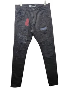 Crysp Denim Men's Biker Moto Distressed Ripped Skinny Fit Black Jeans 31 X 32 - Picture 1 of 11