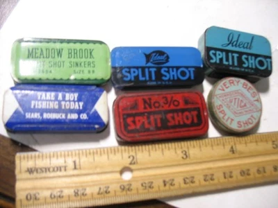 6 old fishing split shot tins - one ROUND - image 1 of 4
