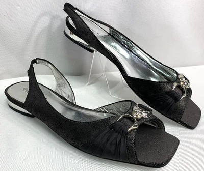Coldwater Creek Black Slingback Low Heel Flat Silver Buckle Square Toe Size 9.5 - Image 1 of 4