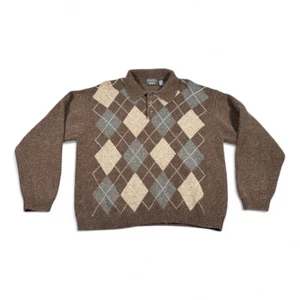 Vintage Trader Bay Sweater Adult LARGE Brown Argyle Polo Collar Wool Silk 90s - Picture 1 of 8