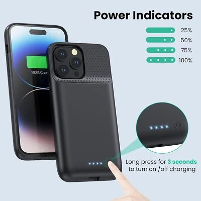 For iPhone 16 15 14 13 12 11 XR 8 Battery Charger Case Power Bank Charging Cover - Image 1 of 4