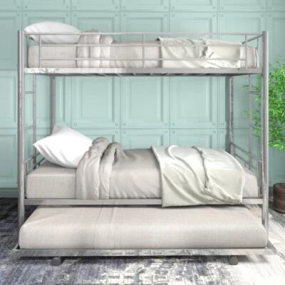 Twin Over Twin Metal Bunk Bed with Trundle Steel Bed Frames For Home School Dorm - Image 1 of 4