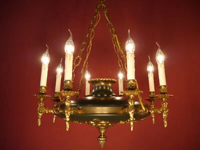 ANTIGUA LÁMPARA DE ARAÑA IMPERIO GÓTICO FRANCÉS LATÓN BARNIZ VERDE OSCURO 8 LÁMPARAS 28" Foto 1 de 4