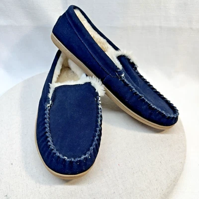 J. Crew Navy Blue Suede Leather Faux Shearling Lines Scuff Slippers NWOT 10 — 第 1/4 张图片