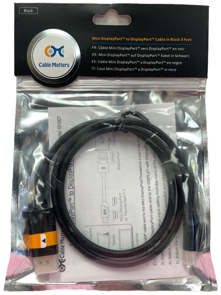 Cable Matters 4k Mini DisplayPort to DisplayPort Cable - Mac / PC - 3 ft - NEW - Image 1 of 2