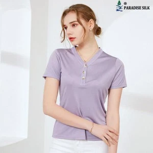 Natural Silk Women's T-shirt V Neck with Button Short Sleeve Solid Color - Picture 1 of 12
