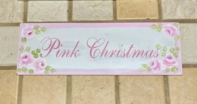 🌹HP SHABBY COTTAGE CHIC ROSAS ROSAS ROSADAS PINTADAS A MANO LETRERO DE FELIZ NAVIDAD PLACA DE MADERA Foto 1 de 4