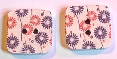 2 Floral Sewing Buttons Crafting Square Wood 2 Hole 7/8"  - Image 1 of 3