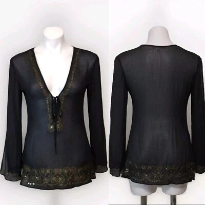 Victoria's Secret Gold Sequins Accents Split Trumpet Long Sleeves Sheer Top XS/S - Image 1 of 4