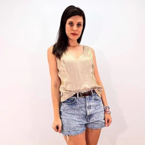 90s Y2K Vintage Tank Top M Champagne Gold Shiny Satin Silky V-Neck Blouse - Picture 1 of 9