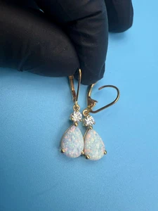 3Ct Pear Cut Natural Fire Opal Lever Back Dangle Earrings 14K Yellow Gold Plated - Picture 1 of 12