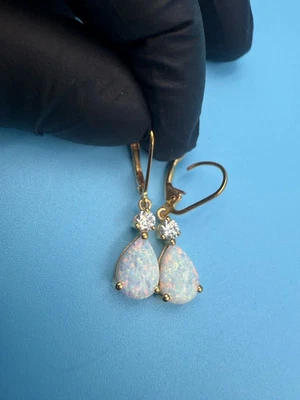 3Ct Pear Cut Natural Fire Opal Lever Back Dangle Earrings 14K Yellow Gold Plated - Image 1 of 4