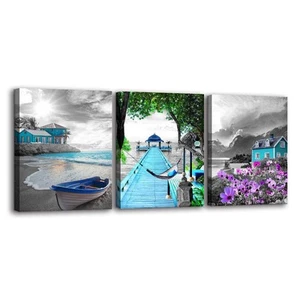3 Pieces Canvas Wall Art for Living Room Black and White Landscape Ocean Beac... - Picture 1 of 7