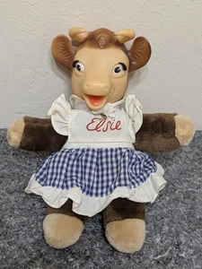 Vintage Plush Borden Elsie the Cow Stuffed Doll Rubber Vinyl Face Blue Dress - Picture 1 of 11