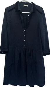 Wrap London Navy Black Velvet Detail Shirt Dress Size 10 Linen Blend - Picture 1 of 12