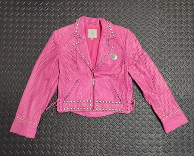 Chaqueta de cuero rosa Double D Ranch para mujer talla mediana con tachuelas Foto 1 de 4