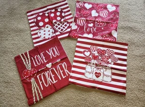 NEW 4 Valentines Day Decor Pillow Covers 18x18 Valentine Red Hearts Stripes Love - Picture 1 of 7