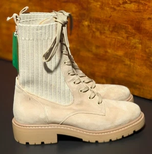 Stivali da combattimento Sam Edelman Lydell in pelle beige scamosciata tomaia in maglia - 7,5 NUOVI - Foto 1 di 14