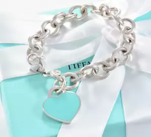 Please Return To Tiffany & Co Silver Blue Enamel Heart Chain Link 7.7" Bracelet - Picture 1 of 5