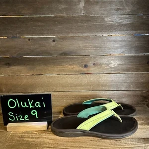 Womens Olukai Ohana Green Comfort Leather Sandals Flip Flops Size 9 M GUC - Picture 1 of 5