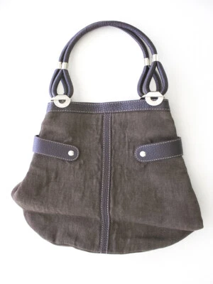 Сумка с короткими ручками Barneys New York - коричневая холщовая и кожаная - Изображение 1 из 4