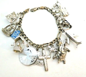 Vintage 1960s Sterling Silver Charm Bracelet with 15 Sterling Charms 7" - Picture 1 of 12