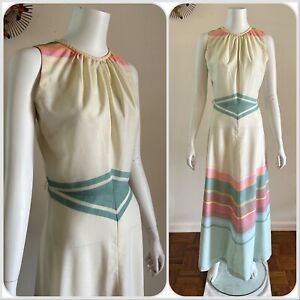 1970s Chevron Striped Maxi Dress Color Block Sleeveless Resort Beach Deco VTG