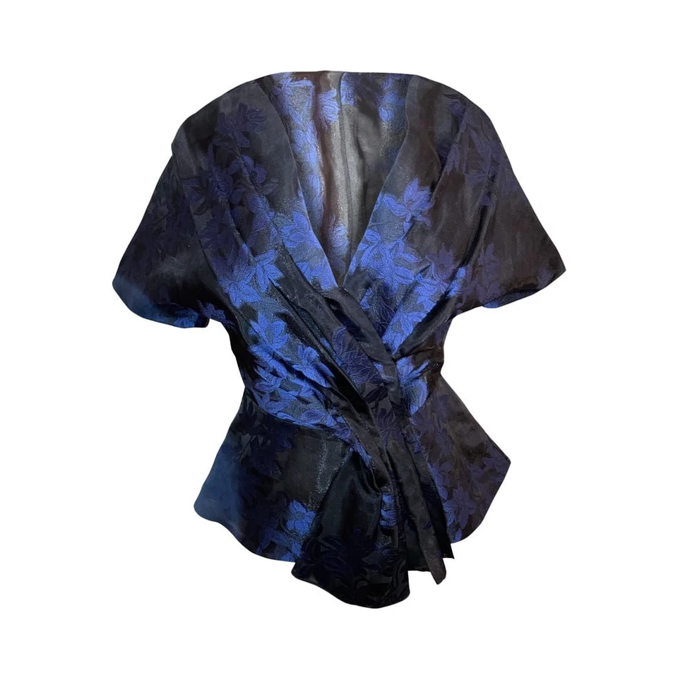 Blusa Top Zac Posen Negra Azul Floral Manga Corta Peplum Poliéster/Seda Talla 4 Foto 1 de 4