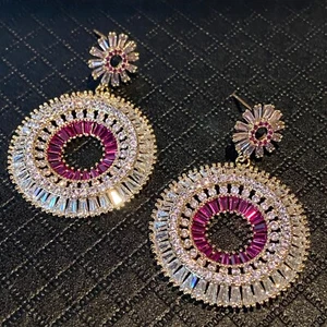 18k Gold Filled Lab-Created Pink Sapphire Hoop Chandelier Earrings Gorgeous - Picture 1 of 16